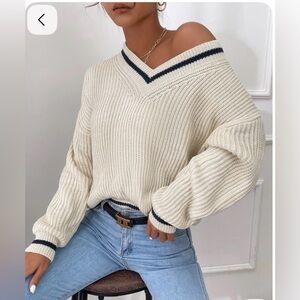 V-Neck Cream Sweater with Navy blue Trim